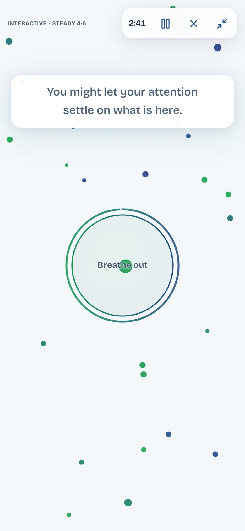 A FoQus session on a phone, with a gentle statement above the breathing circle