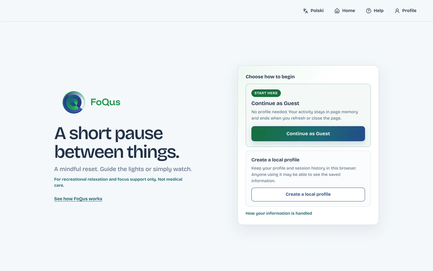 The FoQus welcome screen with Continue as Guest and Create a local profile