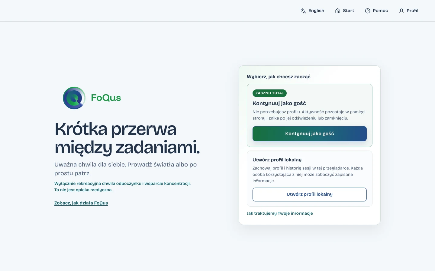 Ekran powitalny FoQus z opcjami Kontynuuj jako gość i Utwórz profil lokalny