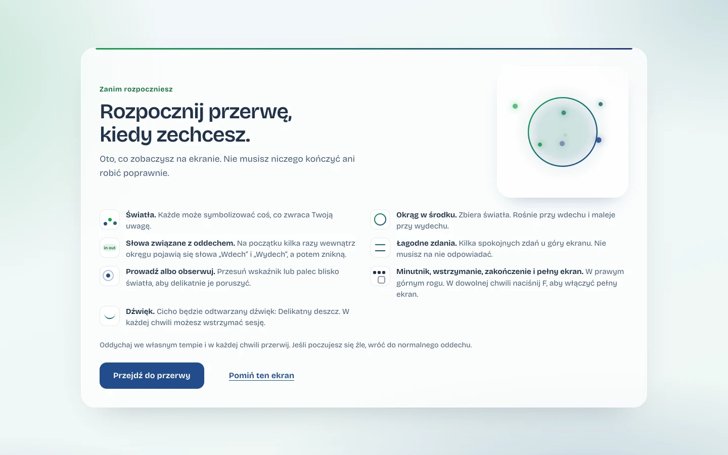 Przewodnik pierwszej sesji FoQus objaśniający światła, słowa oddechu, okrąg i elementy sterowania