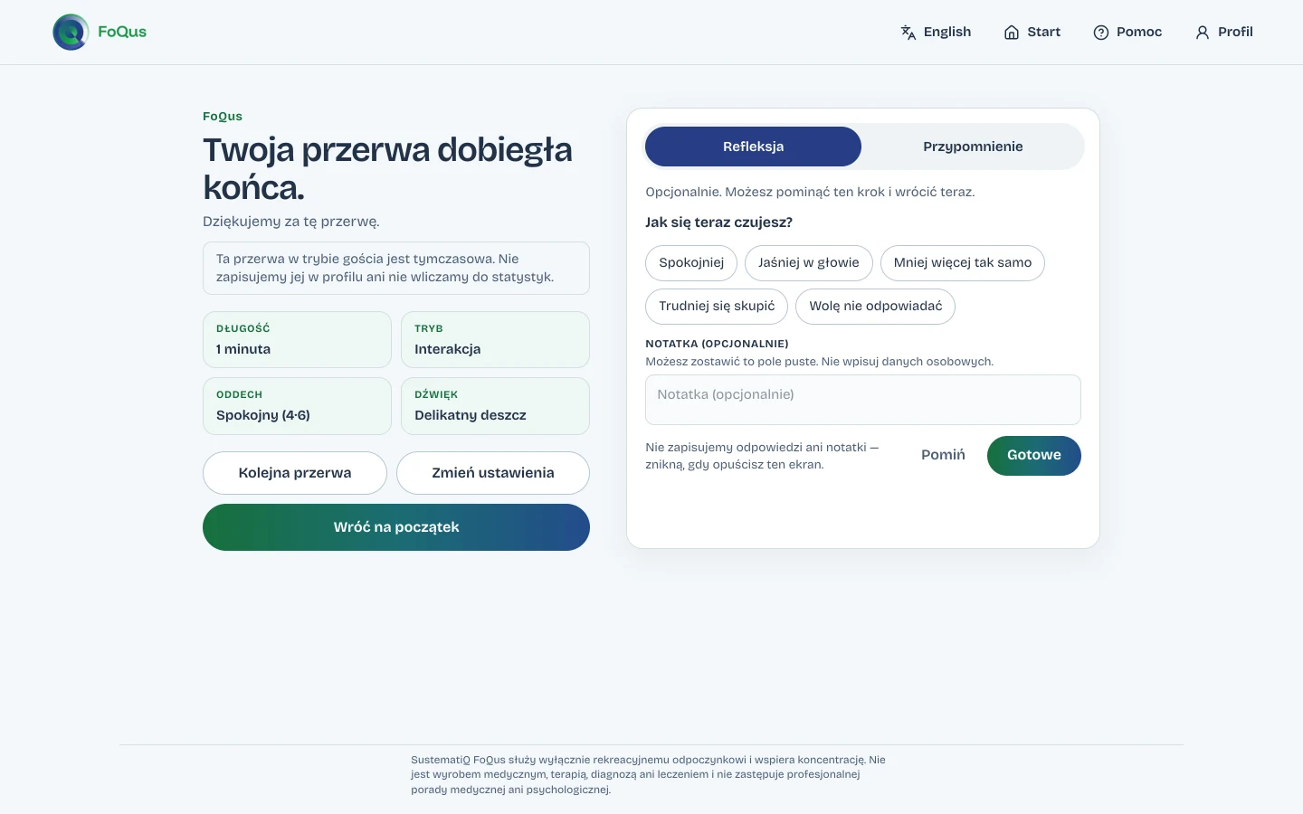 Ekran zakończenia FoQus z krótkim podsumowaniem, opcjonalną refleksją i kolejnymi krokami