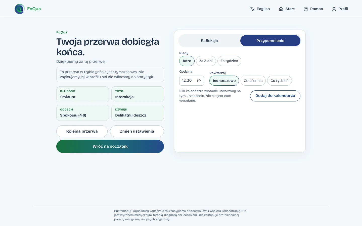 Zakładka Przypomnienie na ekranie zakończenia FoQus