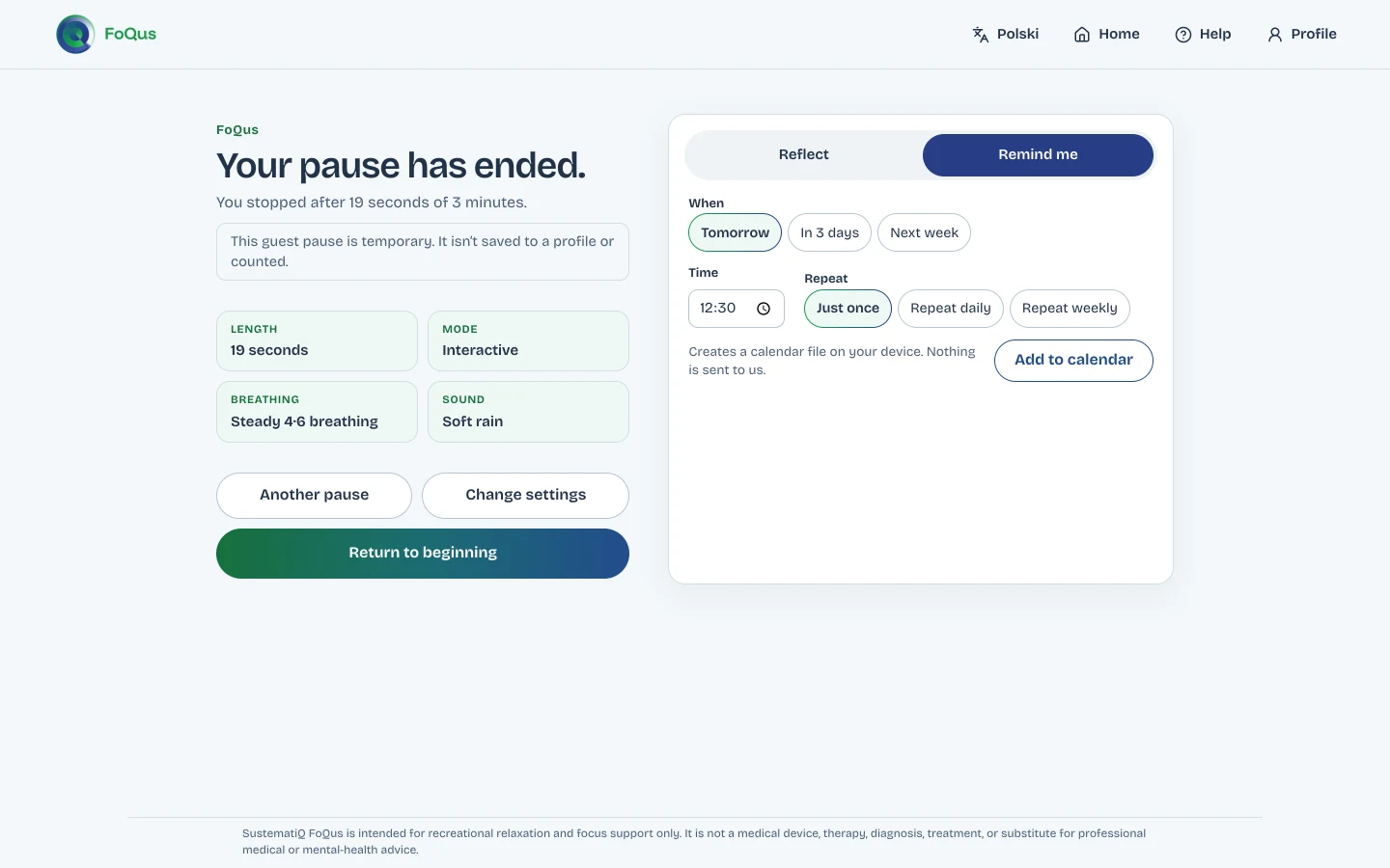 The Remind me tab on the FoQus completion screen