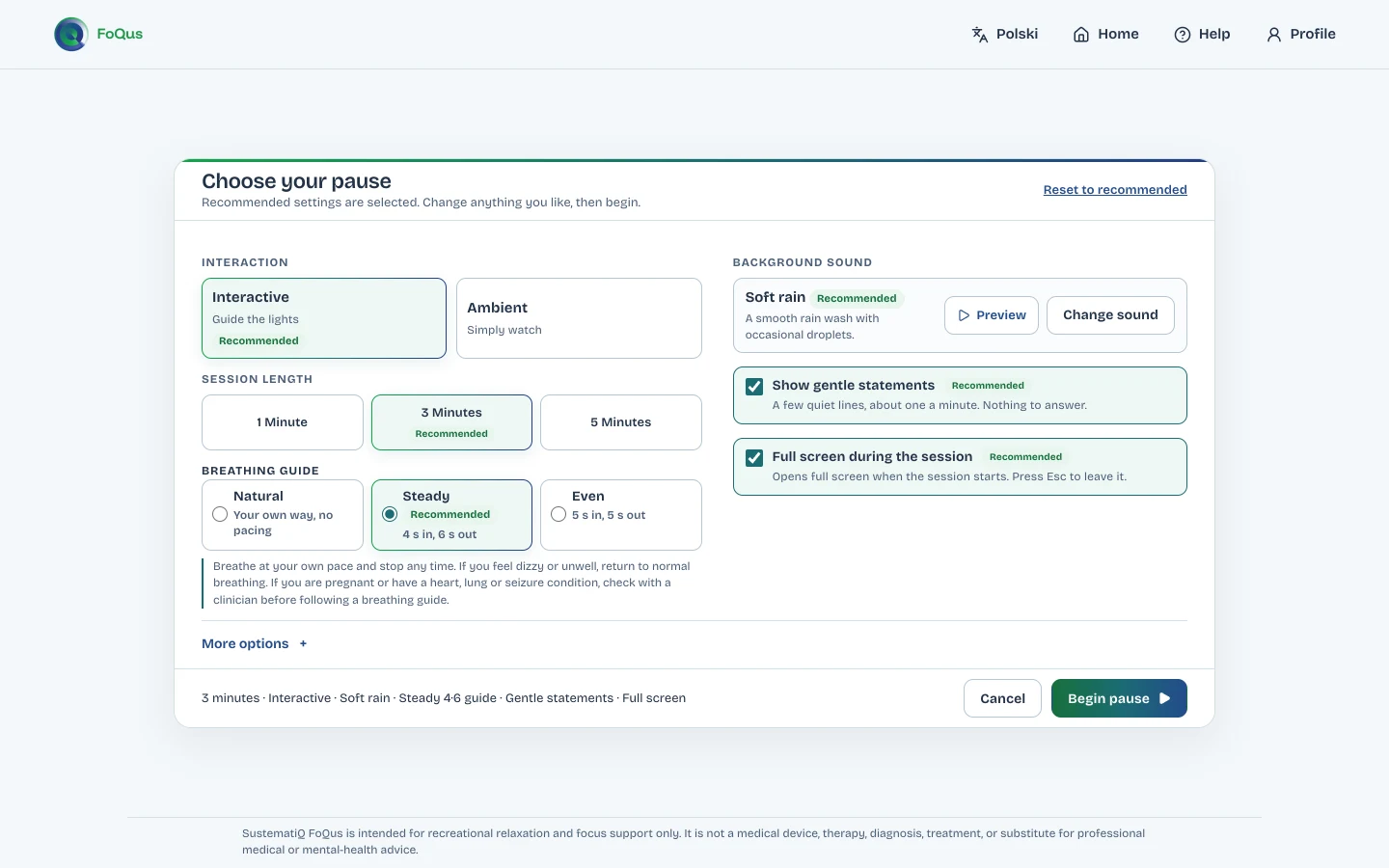The FoQus setup screen with length, mode, breathing guide, sound and statement options